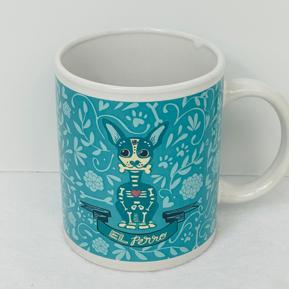 Cocinaware El Perro Day of the Dead Teal Stoneware Coffee Mug Sugar Skull Dog